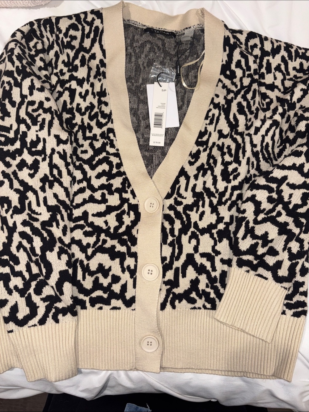 Tahari Black and Beige Animal Print Button Cardigan